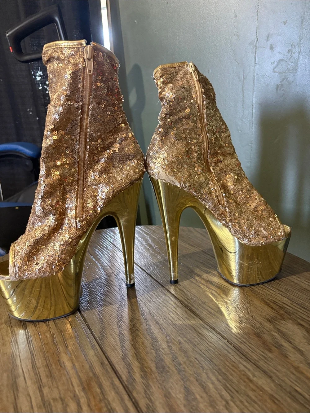 Gold Sequin Platform Peep-Toe High Heel Booties
